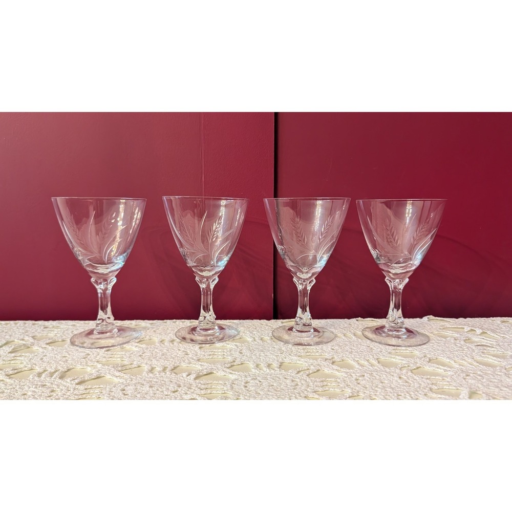Vintage Fostoria Etched Wheat Water Goblet Glasses Set of 4 Approx. 6" X 3.75"